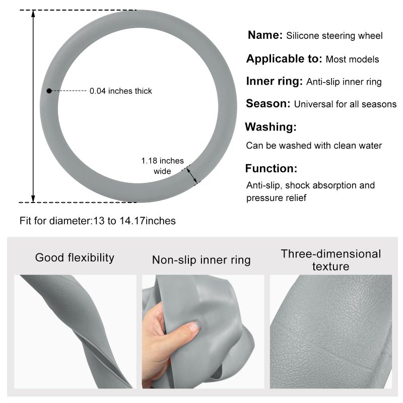 DXNQ Car Steering Wheel Cover  13 to 14.17 inches Anti-Slip Silicone Steering Wheel Protector  Soft Flexible Shock-Absorbent Steering Wheel Protective Cover for Most Car Models (Gray) - Image 2